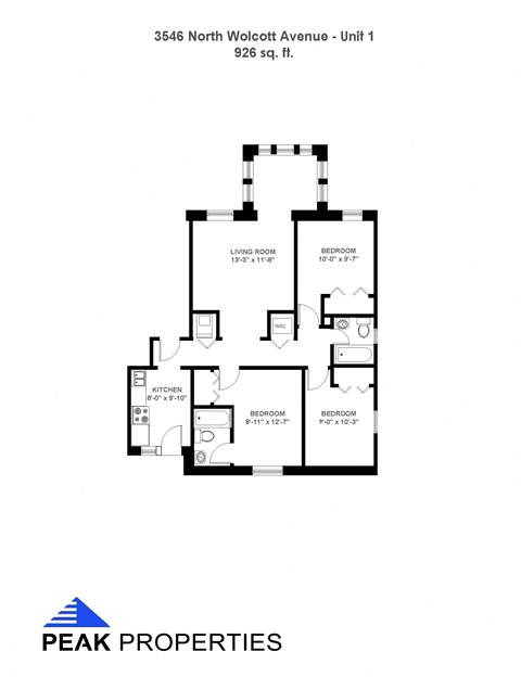 Floor plan for 3 beds, 2 baths, 926 sqft