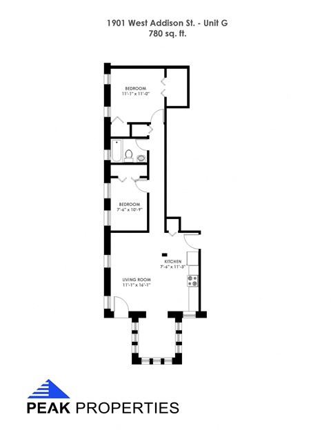 Floor plan for 2 beds, 1 bath, 756 sqft