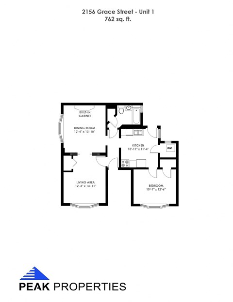 Floor plan for 1 bed, 1 bath, 762 sqft