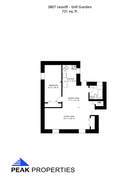 Floor plan for 1 bed, 1 bath, 731 sqft