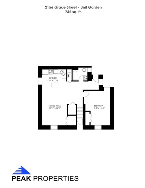 Floor plan for 1 bed, 1 bath, 745 sqft