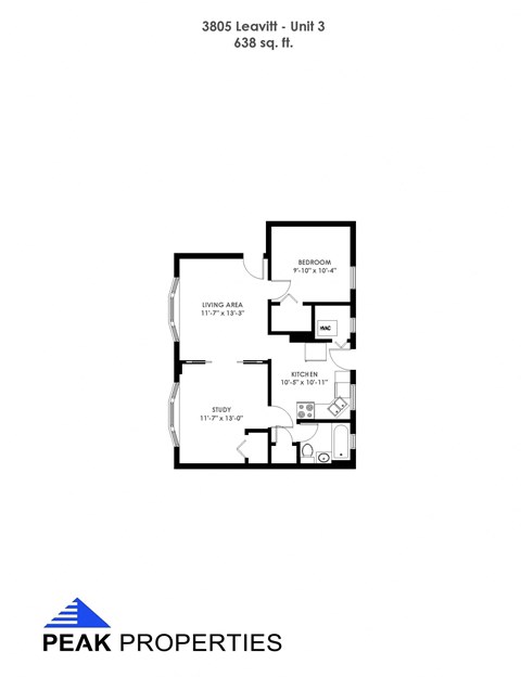 Floor plan for 1 bed, 1 bath, 638 sqft