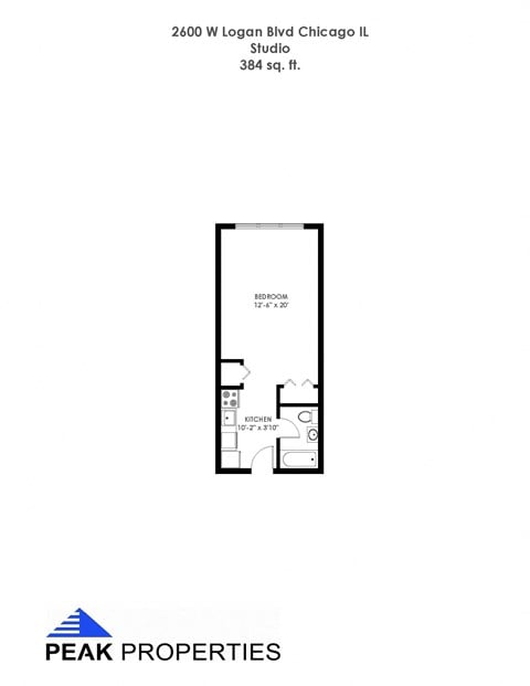 Floor plan for studio, 1 bath, 384 sqft