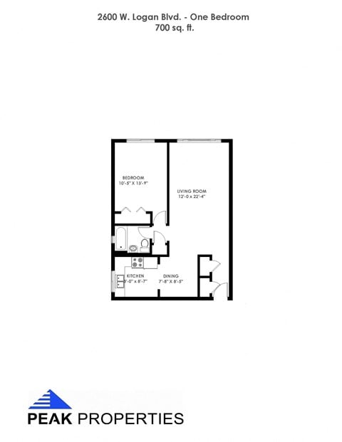 Floor plan for 1 bed, 1 bath, 700 sqft