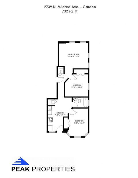 Floor plan for 2 beds, 1 bath, 732 sqft