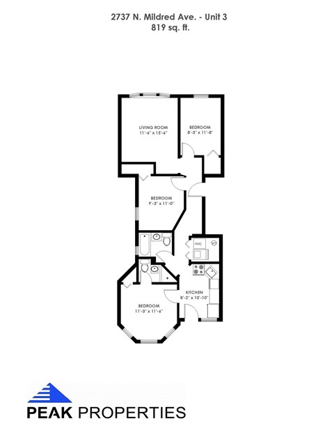 Floor plan for 3 beds, 2 baths, 819 sqft
