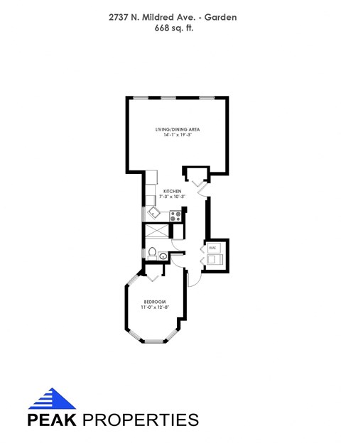 Floor plan for 1 bed, 1 bath, 668 sqft