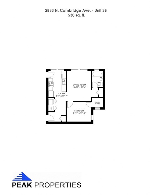 Floor plan for 1 bed, 1 bath, 624 sqft