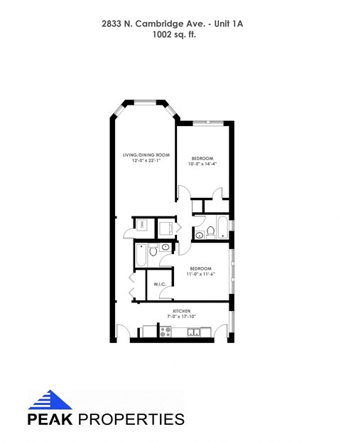 Floor plan for 2 beds, 2 baths, 1002 sqft