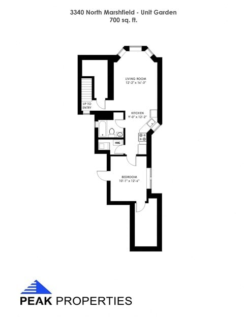 Floor plan for 1 bed, 1 bath, 700 sqft