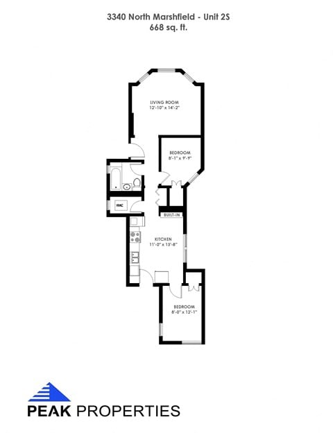 Floor plan for 2 beds, 1 bath, 668 sqft