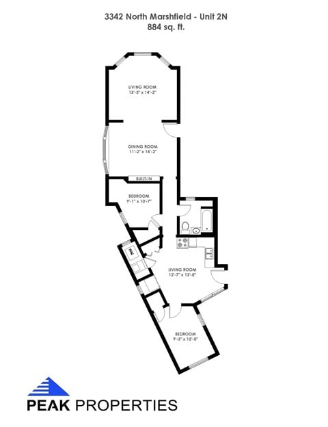 Floor plan for 2 beds, 1 bath, 884 sqft