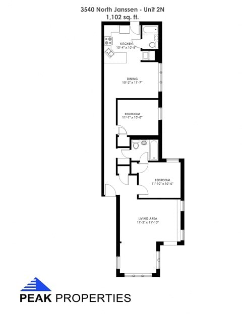 Floor plan for 2 beds, 2 baths, 1102 sqft