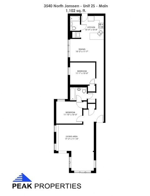 Floor plan for 2 beds, 2 baths, 1102 sqft