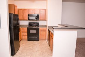 Lynchburg apartment for rent - a kitchen with wooden cabinets and a black stove and refrigerator