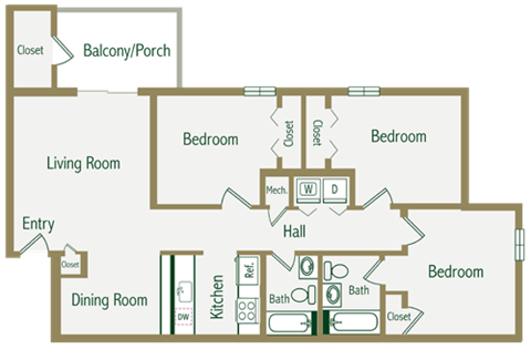 Floor plan for 3 beds, 2 baths, 1000 sqft