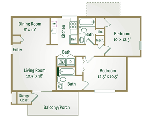 Floor plan for 2 beds, 2 baths, 890 sqft