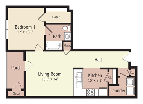 Floor plan for 1 bed, 1 bath, 790 sqft