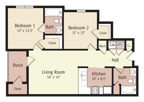 Floor plan for 2 beds, 2 baths, 960 sqft