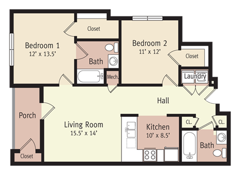 Floor plan for 2 beds, 2 baths, 960 sqft