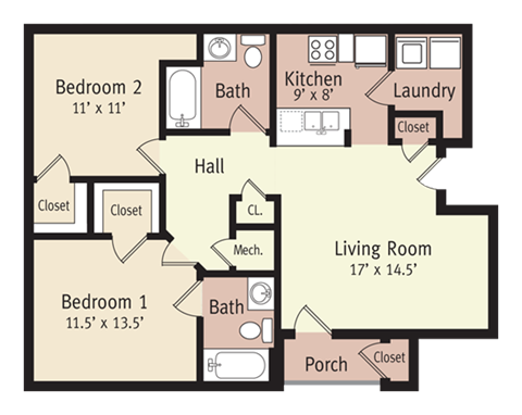 Floor plan for 2 beds, 2 baths, 960 sqft