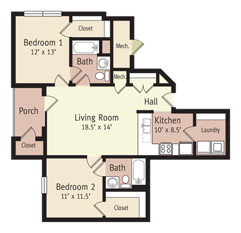 Floor plan for 2 beds, 2 baths, 960 sqft