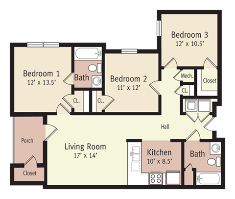 Floor plan for 3 beds, 2 baths, 1159 sqft