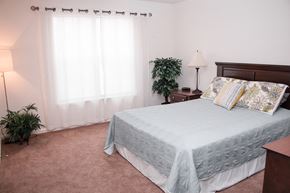 Lynchburg apartment for rent - a bedroom with a bed and a large window