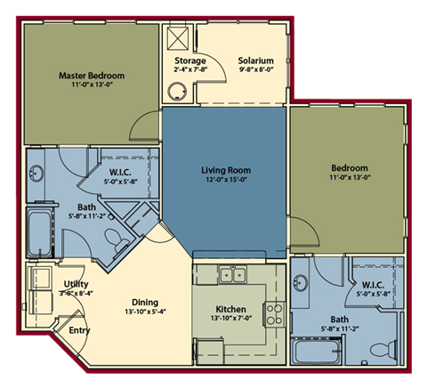 Floor plan for 2 beds, 2 baths, 1149 sqft