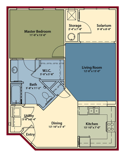 Floor plan for 1 bed, 1 bath, 858 sqft