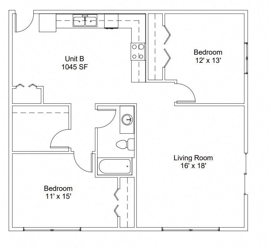 Floor plan for 2 beds, 1 bath, 1023 sqft