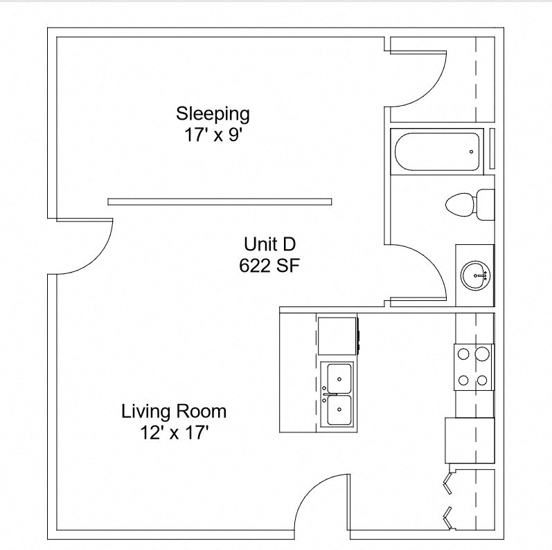 Floor plan for 1 bed, 1 bath, 825 sqft