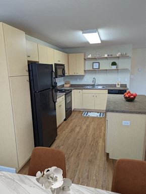 East Grand Forks apartment for rent - a kitchen with a black refrigerator and a table and chairs