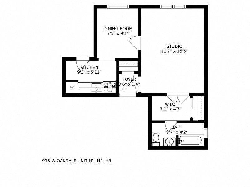 Floor plan for studio, 1 bath, 415 sqft