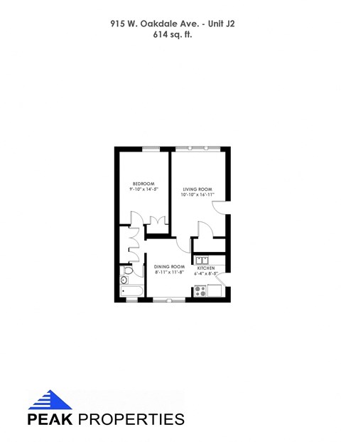 Floor plan for 1 bed, 1 bath, 615 sqft
