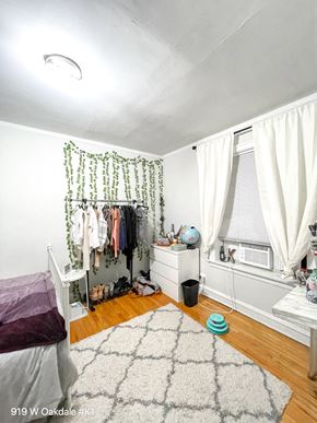 Chicago apartment for rent - a bedroom with a bed and a closet and a rug
