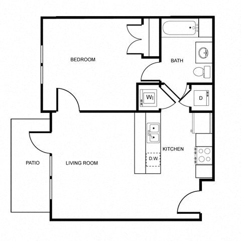 Floor plan for 1 bed, 1 bath, 588 sqft