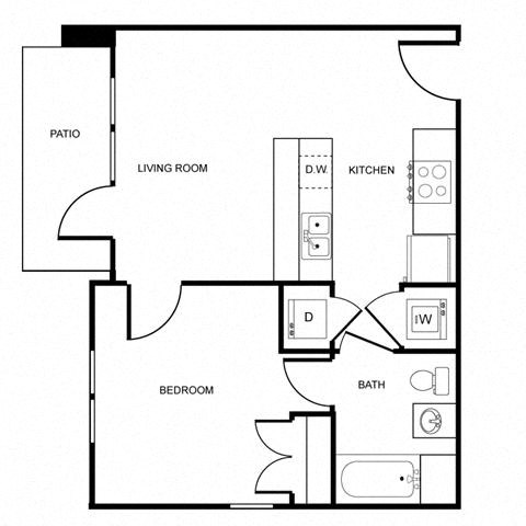 Floor plan for 1 bed, 1 bath, 538 sqft