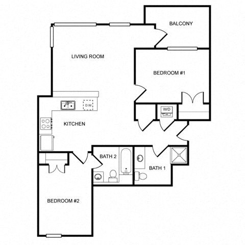 Floor plan for 2 beds, 2 baths, 836 sqft