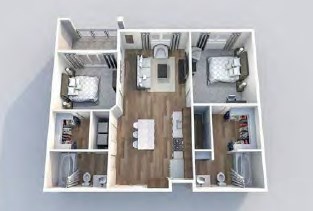 Floor plan for 2 beds, 2 baths, 929 sqft