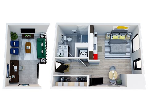 Floor plan for 1 bed, 1 bath, 613 sqft
