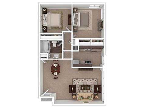 Floor plan for 2 beds, 1 bath, 865 sqft