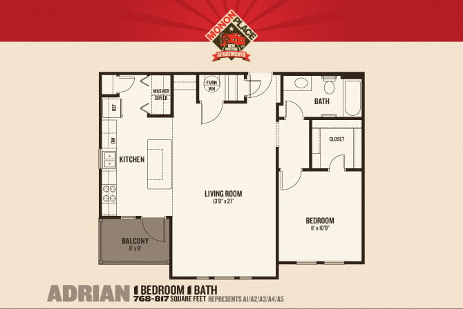 Floor plan for 1 bed, 1 bath, 817 sqft