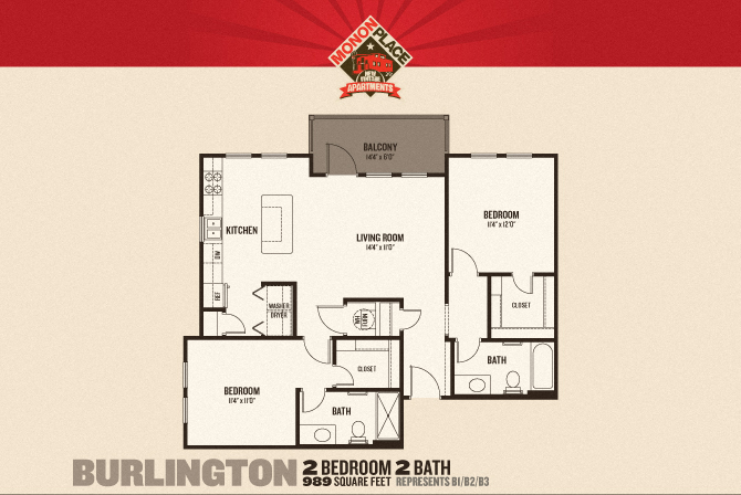 Floor plan for 2 beds, 2 baths, 1038 sqft
