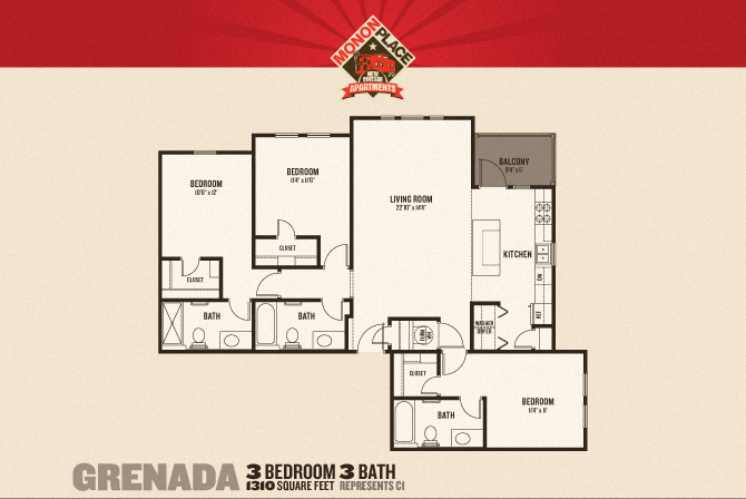 Floor plan for 3 beds, 3 baths, 1310 sqft