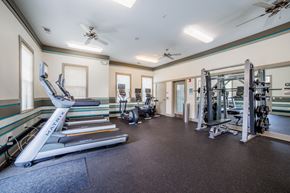 Indianapolis apartment for rent - a gym with cardio equipment and weights on the floor and windows