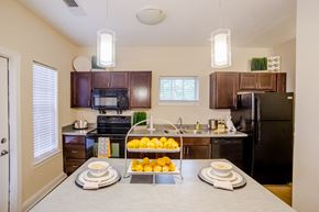 Indianapolis apartment for rent - a kitchen with black appliances and a counter with fruit on it