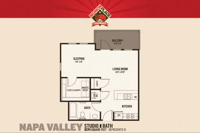 Floor plan for studio, 1 bath, 571 sqft