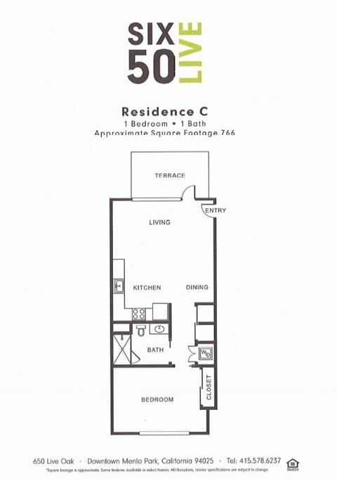 Floor plan for 1 bed, 1 bath, 766 sqft