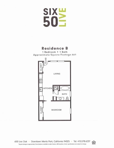 Floor plan for 1 bed, 1 bath, 661 sqft